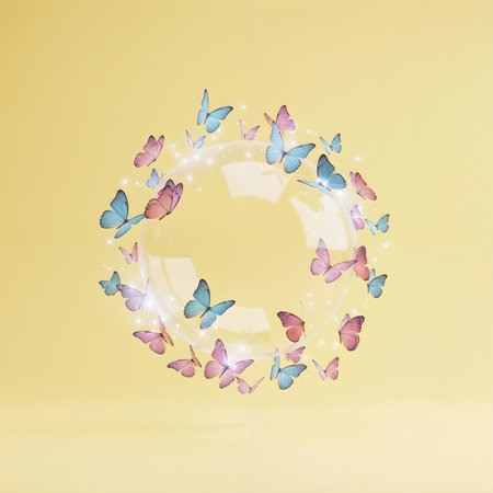 A butterfly circle illustration with pastel colors. Orb decoration on yellow background. Abstract art for graphic design concept. Light and airy design element.の素材