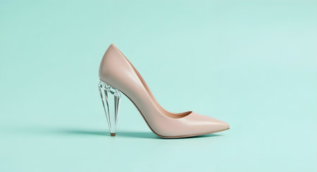 Pair of beige high heel shoes on pastel blue backgroundの素材