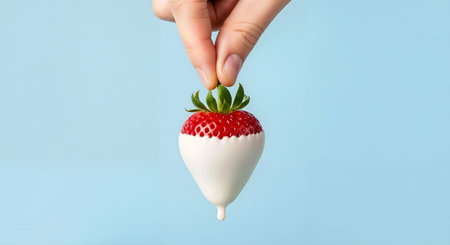 A single strawberry dipped in white chocolate being held in the air. A sweet dessert display against a blue background showcases a refreshing and decadent treat. Perfect for warm days.の素材