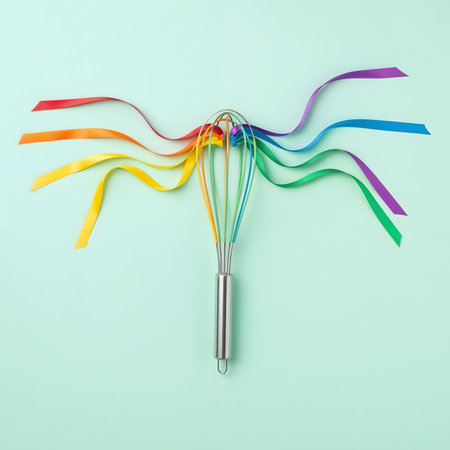 Colorful ribbons and whisk on blue background, 3d renderの素材