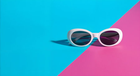 White sunglasses resting on split blue and pink background. Retro fashion statement accessory perfect for sunny days. Bold color combination makes the sunglasses stand out.の素材