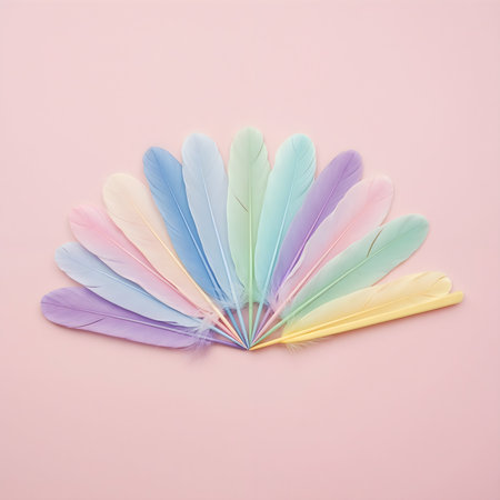 Pastel feathers elegance arrangement bird plumage soft gradient color still life. Delicate design airy aesthetic gentle touch peaceful colorful pastel background.の素材