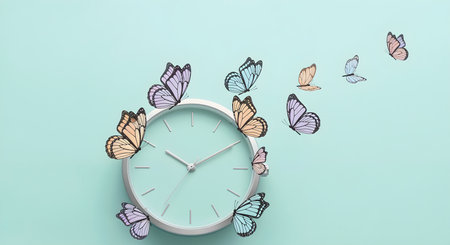 Time flies concept clock with butterflies minimalism elegant top view studio shot. Passing of time beauty of metamorphosis gentle surreal dreamlike composition calming.の素材