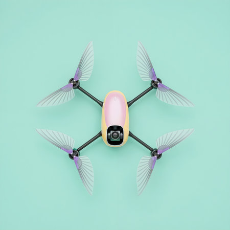 Drone flat lay featuring translucent propellers. Stylish aerial vehicle in pastel shades. Modern technology displayed artistically. Unique design elements.の素材