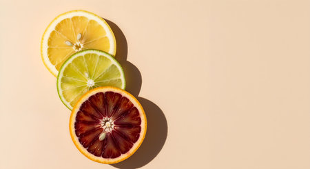 Bright and vibrant arrangement of citrus slices featuring a lemon, lime, and blood orange. Perfect for summer drinks or healthy eating designs. Healthy beverage ingredients.の素材