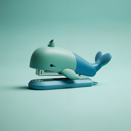 A playful stapler in shape of a dolphin. Office supply reimagined. Whimsical desk accessory. Cute stationery. Aqua and teal tones. Dolphin stapler object isolated.の素材