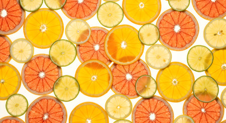 A variety of citrus slices create bright background. Fresh and colorful fruit arrangement. Orange, grapefruit, lemon. Citrus pattern overlay. Summer citrus.の素材