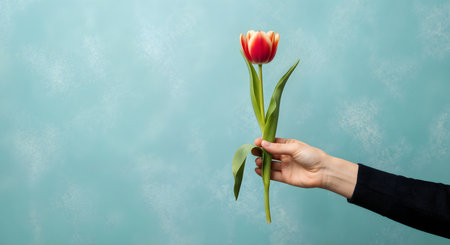 A hand delicately holding a single red tulip flower in full bloom. Tulip is great to add springtime beauty in blossom.  Floral arrangement bloom for decoration.の素材