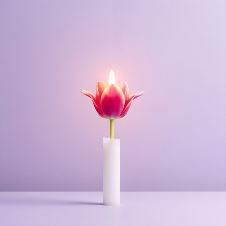 Harmony in floral flame. Illuminated tulip blossom candle glow with delicate elegance. Still life of light with nature in minimal aesthetic.の素材