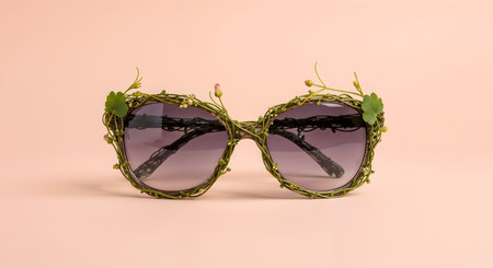 Vine Adorned Sunglasses Fashion Style Natural Vines Decor Accessories Decor. Floral design sunglasses display natural style decor. Sunglasses adorned with vines on pastel background.の素材
