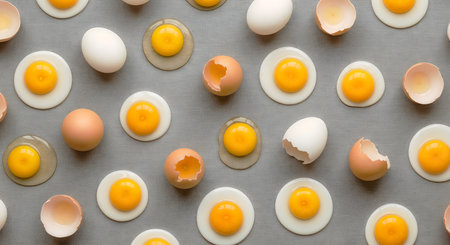 Sunny side up eggs over easy overhead flatlay. Healthy food breakfast protein organic nutrition cooking ingredient delicious yolk cracked shells fresh pattern.の素材