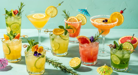 Assortment of summer cocktails, refreshing beverages on a light backdrop. Colorful drinks with citrus fruits and herbs. Fresh alcoholic and nonalcoholic drinks display.の素材