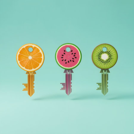 Whimsical fruit keys concept creative composition quirky colorful fruits still life. Orange watermelon kiwi playful keys concept flat lay minimal modern. Fresh fruits.の素材