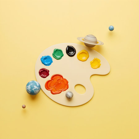 An exploration of artistry and astronomy. A cosmic palette full of planet orbs, vivid paint hues create a whimsical visual symphony. Color, cosmos, art in space.の素材