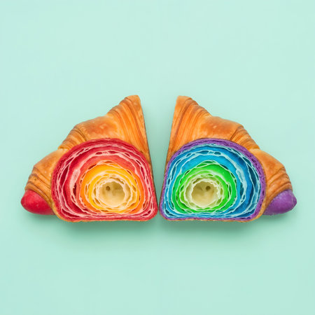 Halved croissants showcasing rainbow colors. Artistic display, vibrant pastry concept on light green backdrop. Unique food presentation, culinary art studio shot.の素材