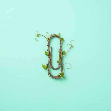 Twisted vine paperclip natural green leaves on light blue background. Natural stationary design. Handmade paperclip, creative office supply. Unique clip made from nature.の素材
