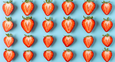 Strawberry halves in flat lay formation on surface. Fresh halved strawberries against a light blue background. Repeating fresh fruit pattern in still life.の素材