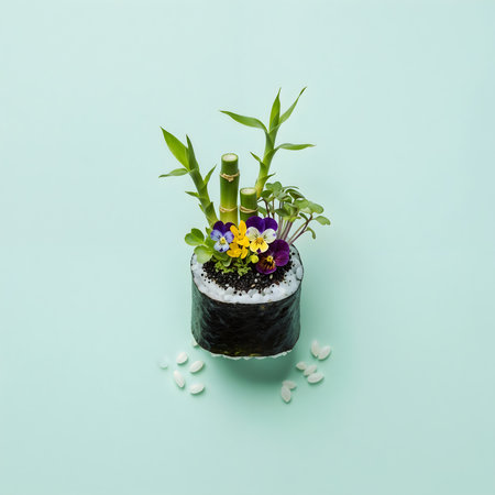Creative sushi composition featuring edible flowers and bamboo plant. Sushi with plant and floral elements against a blue backdrop. Food with plant arrangement.の素材