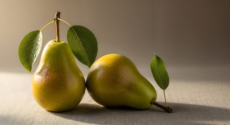 Two fresh ripe yellow green pears with stem and leaves. A simple still life studio food shot of the two fruits. Sunlight effect added to emphasize the details.の素材