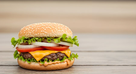 Close up of juicy cheeseburger featuring lettuce tomato onion. A culinary indulgence combining delicious ingredients. Displayed on wood table with food appeal and satisfaction.の素材