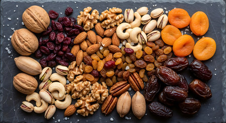Dried fruit nuts arrangement dark stone slab overhead close-up. Walnuts cashew nuts pecans almonds raisins dates apricots cranberries dried fruit variety.の素材