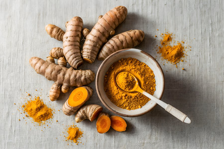 Still life photograph of turmeric roots and powder in bowl. Spice ingredient highlighting vibrant color and culinary use. Studio shot showcasing natural health remedy.の素材