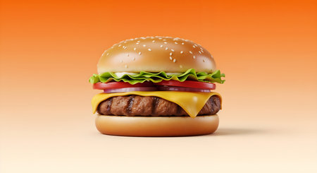 Appetizing cheeseburger with fresh lettuce, tomato, onion, and melted cheese. Classic american fast food on orange gradient background. Delicious and tempting burger meal.の素材