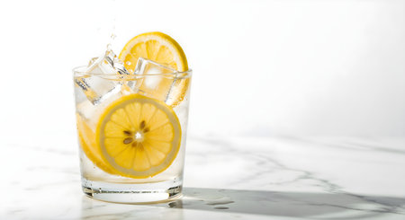 Iced water with lemon slices in a clear glass on a white marble surface. Refreshing drink with ice cubes. Summer beverage drink. Bright, cool, and thirst-quenching drink.の素材