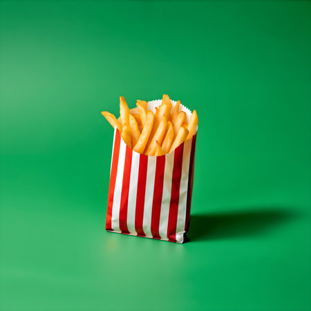 A bag of crispy, salty french fries with red and white stripes on a green background. A delicious and simple fast food snack perfect as a quick meal. A classic takeaway treat.の素材