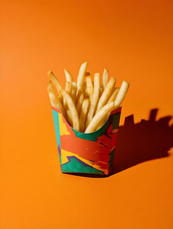 Colorful image of golden French fries served in a take away carton. Strong shadows add depth to this vibrant image set against orange backdrop.  Great for menus and ads.の素材
