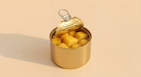 Canned diced pineapples photography. Golden can container with pull tab lid open displaying yellow fruit cubes. Bright background. Diced fruit food still life studio shot.の素材