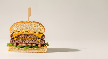 Artful cutaway of a deconstructed hamburger still life.  Stacked layers of fresh ingredients create a striking visual against the plain white backdrop. Isolated view of burger.の素材