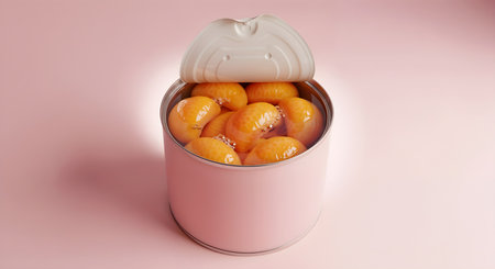 Overhead angle shot of canned peaches in an opened can set against a pink background. Sweet dessert concept with emphasis on presentation and simplistic aesthetic.の素材
