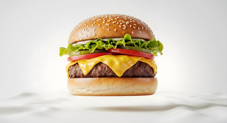 Perfectly composed hamburger featuring fresh lettuce, tomato, cheese and beef, elevated against a bright white background. Food photography for restaurant menus.の素材