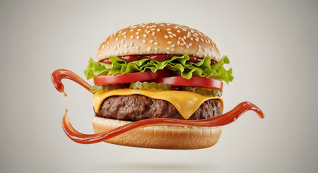 Burger floating with ketchup dripping sesame seed bun isolated gray backdrop. Tasty beef hamburger with lettuce tomato cheese pickle ketchup flying around. Ready food.の素材