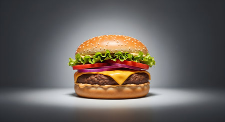 Close up of tasty cheeseburger with lettuce tomato onion. Perfect blend of juicy patty and vibrant toppings. Isolated on white background, showcasing culinary delight.の素材