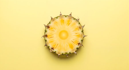 Tropical cross section of a fresh juicy ripe pineapple in full vibrant yellow color, displayed on yellow background. Delicious and colorful food photography.の素材