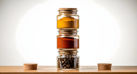 Stack of glass spice jars filled with colorful seasonings. Jars feature cork lids and sit on wooden table against a bright white backdrop. Kitchen cooking concept.の素材