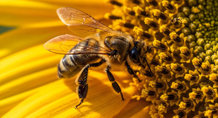 Macro photo of a bee on a bright yellow sunflower, collecting nectar. Pollination process close up on a sunny day. Detail and nature at its best.の素材
