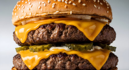 A tantalizing double cheeseburger close-up. Layers of juicy meat, melted cheese, and pickles create a mouthwatering visual. Isolated on a bright white background for maximum impact.の素材