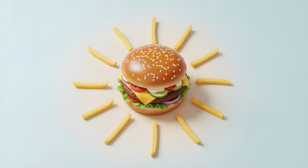 Delicious looking hamburger surrounded by french fries resembling rays of sunlight set against a plain backdrop. Fast food concept showcasing burger layers and fries disposition.の素材