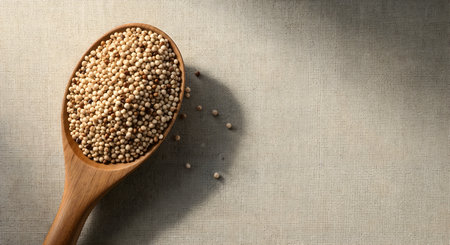 Overhead shot of sorghum grains in a wooden spoon placed on burlap fabric. Rustic tabletop still life. Healthy grain ingredient. Beige neutral color palette and textures.の素材