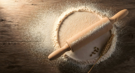 Overhead shot showcasing flour and rolling pin on wooden table surface, ideal for baking preparation themed images. Ingredients ready for baking concept with texture.の素材