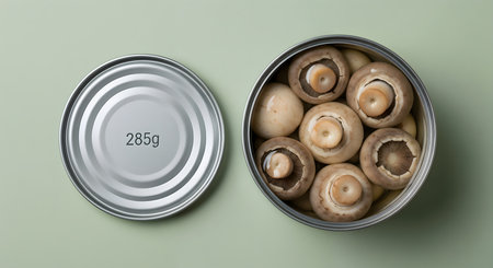 Top down view of canned mushrooms inside open tin can.  Studio shot showcasing preserved mushrooms inside aluminum container. Pantry item illustrating culinary storage.の素材