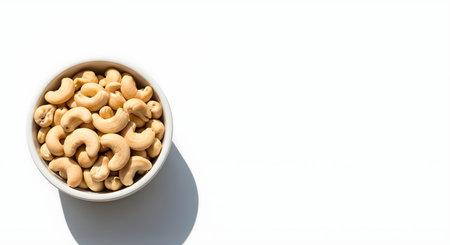 Top view cashew nuts in white bowl shadowed overhead on white tabletop background. Fresh and healthy snack cashew nuts in white bowl cast dark shadow. Food snack.の素材
