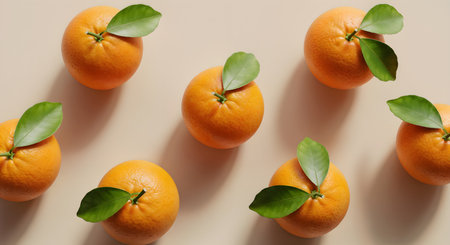 Pattern of fresh oranges adorned with vibrant green leaves placed on a light brown table backdrop. Captures citrus fruit and healthy food style.の素材