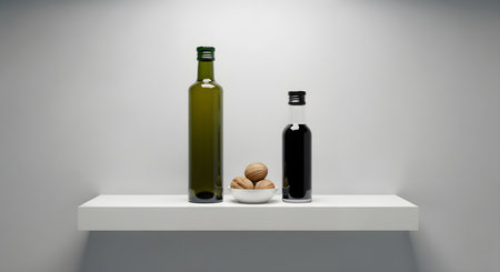 Olive oil balsamic vinegar walnut arrangement white shelf against white wall. Two bottles olive oil balsamic vinegar with walnuts in bowl. Kitchen still life arrangement.の素材