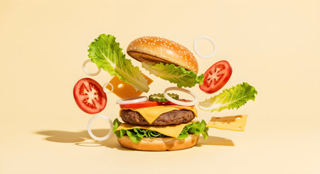 Delicious deconstructed hamburger featuring flying layers, vibrant tomatoes, fresh lettuce and onion rings with a neutral beige studio background. Captures food presentation style.の素材