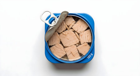 Open canned tuna fish chunks in water in a blue metal can. Ready to eat seafood product. Healthy and simple snack and ingredient for various dishes.の素材