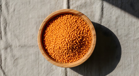 Red lentils in a wooden bowl on light linen fabric. Vibrant food photography showcasing the texture and color of lentils. Healthy eating ingredients with simple background.の素材